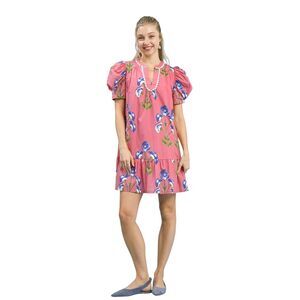 Umgee Floral Print Puff Sleeve A-Line Dress Pink w Blue Flowers Sz Large